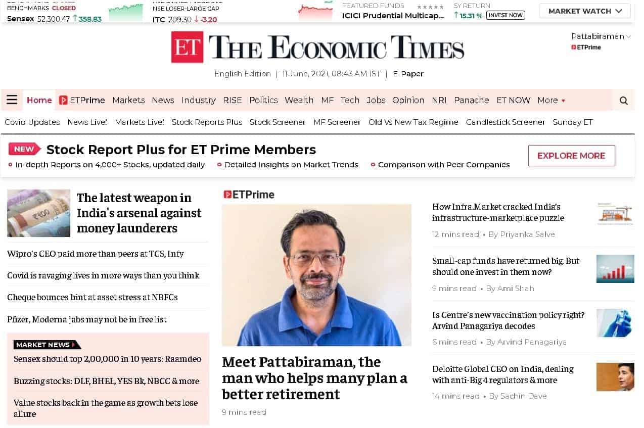 Screenshot of the Economic Times featuring Dr M. Pattabiraman taken on 11th June 2021 at 8:43 am IST